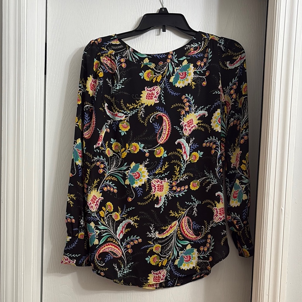 LOFT Pink and Blue Long Sleeve Blouse